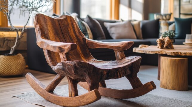 An intricate rocking chair made from reclaimed wood, highlighted in a cozy living room setting, emphasizing sustainability and artisanal techniques 
