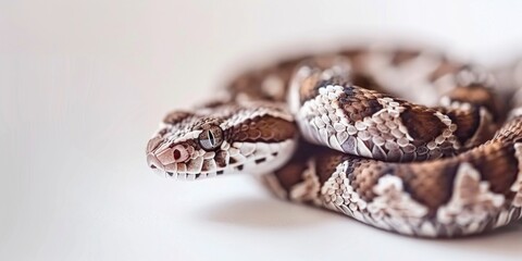 Common European Viper lies still showcasing its distinct zigzag patterns against a clean white backdrop highlighting its scale texture and features.
