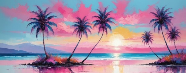 A vibrant sunset over a serene ocean, with silhouetted palm trees framing the colorful sky on a tranquil tropical beach