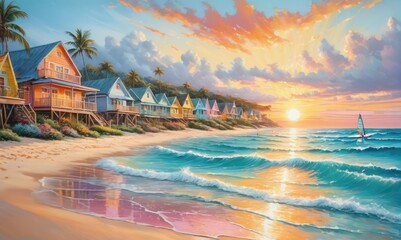 Obraz premium A tranquil sunset over colorful beach cottages along a serene shoreline with gentle waves and swaying palm trees