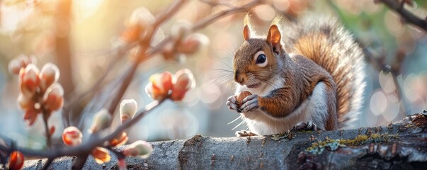 Obraz premium Squirrel sitting on a branch eating a nut, surrounded by spring blossoms and soft sunlight. Free copy space for banner.