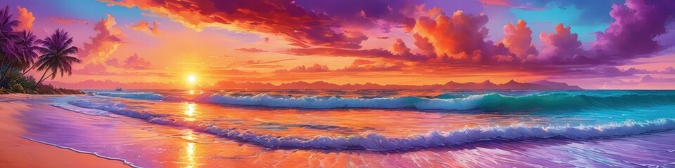 Fototapeta premium A breathtaking sunset casts colorful reflections on a tranquil beach, with gentle waves lapping against the shore, inviting evening serenity