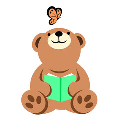 Teddy bear looking at butterfly while holding book