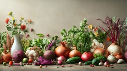 Fresh vegetables and herbs on a neutral background