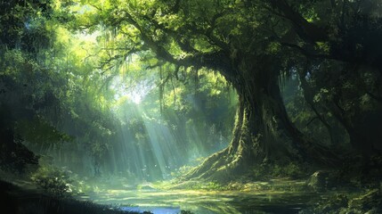 Obraz premium Serene Forest Scene with Sunlight Through Trees