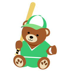 Teddy bear in baseball uniform holding bat and ball