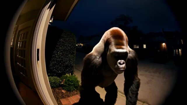 gorillas walk and peek at the door