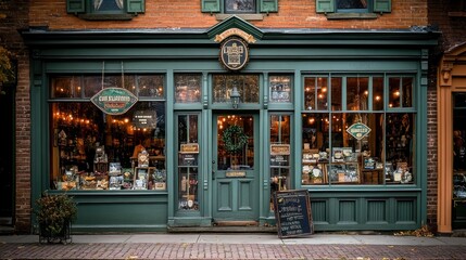 A charming, old-fashioned storefront with green painted wood and large windows, decorated for the holiday season.
