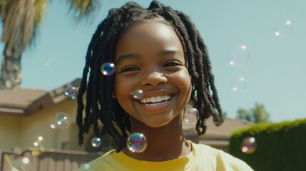 A young Black girl with dreadlocks smiles as she watches colorful bubbles float around her.