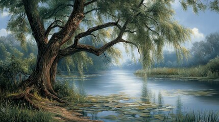 Fototapeta premium Serene Riverbank with Lush Greenery and Reflections