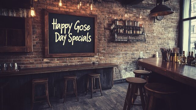 Cozy brick-walled pub with chalkboard specials, wooden stools, and industrial lighting - Powered by Adobe