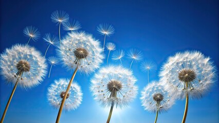 Symmetrical dandelion seeds in clear blue sky