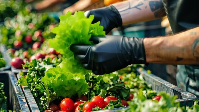 In a bustling outdoor market, a gardener in black gloves picks fresh lettuce, sorting it with ripe tomatoes, showcasing the day's harvest under bright sunlight.