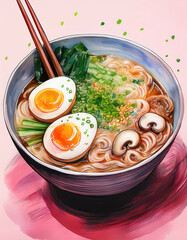 A bowl of ramen noodles with soft-boiled eggs, green onions, and chili peppers, served with chopsticks on a wooden board