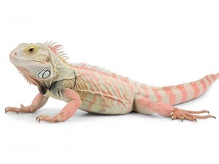 Obraz premium Desert Iguana with striking pale coloration rests against a white background showcasing its distinct features under even studio lighting. The iguana appears calm and still.