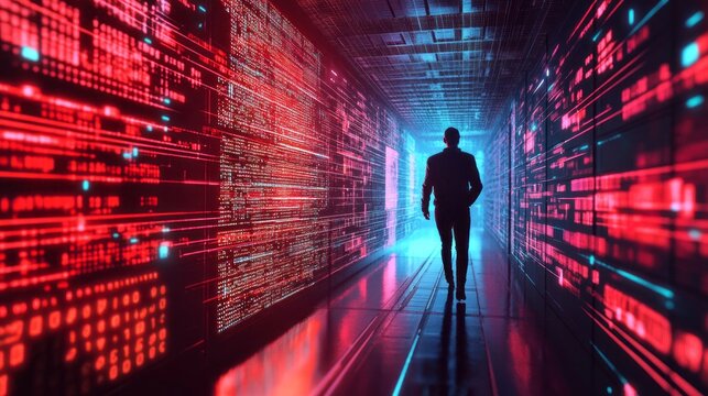 A man walks through a tunnel of glowing computer code
