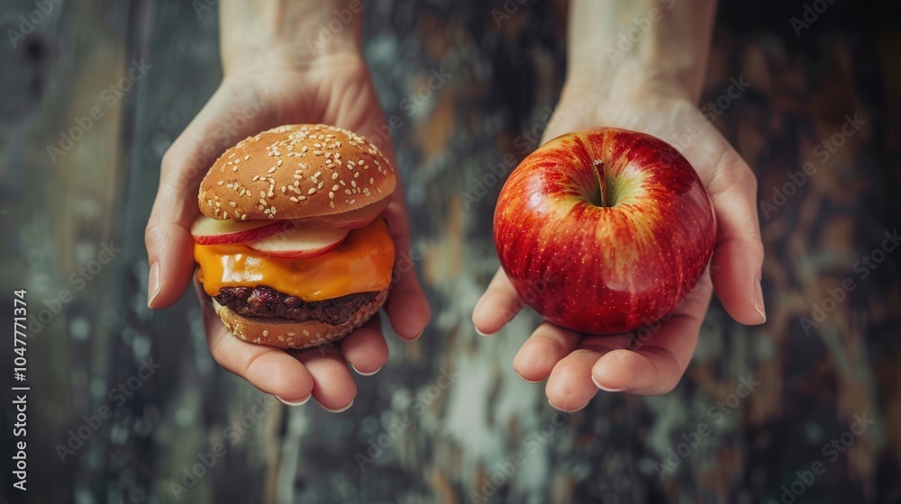 Poster one hand holds a shiny apple while the other grips a cheeseburger, highlighting the contrast between