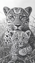 Fototapeta premium mother leopard and her cub are depicted in striking black and white illustration, showcasing their intricate fur patterns and expressive eyes. bond between them is heartwarming and captivating
