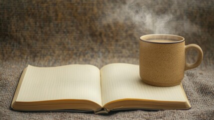 Steaming cup of coffee next to open notebook on textured surface