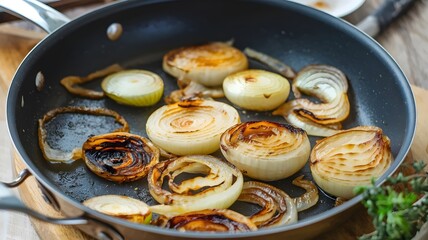 Pan filled with caramelized onions and herbs on wooden surface