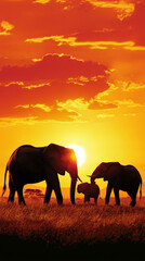 Fototapeta premium Majestic elephants silhouetted against vibrant sunset sky create stunning scene of natures beauty and tranquility. warm colors evoke sense of peace and wonder