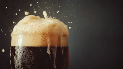 Frothy dark beer in glass spilling over rim