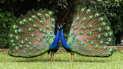 Obraz premium Two peacocks with their tails fanned out, displaying their vibrant plumage.
