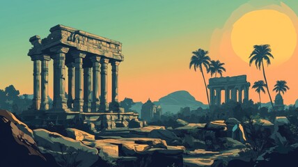 Obraz premium Ancient ruins with columns and palms at sunset