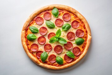 Symmetrical delicious pepperoni pizza with fresh basil