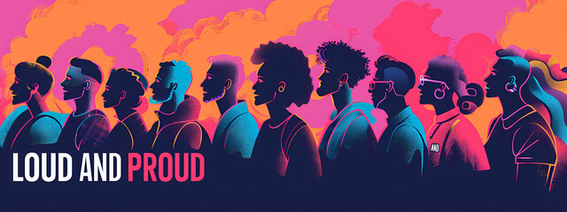 A vibrant illustration of diverse individuals standing side by side, showcasing pride and unity with colorful abstract backgrounds.