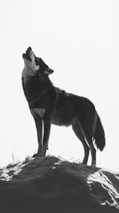 Obraz premium wolf standing on snowy ridge howling at moon, showcasing its majestic silhouette against bright sky. scene evokes sense of wilderness and freedom