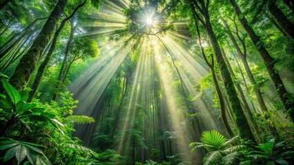 Obraz premium Symmetrical dense foliage in rainforest with radiant light beams