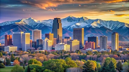 Naklejka premium Symmetrical Denver cityscape with mountains
