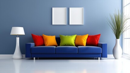 Fototapeta premium Cozy and Contemporary Living Room with Vibrant Throw Pillows and Minimalist Decor