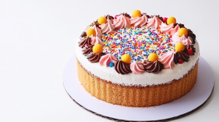 Colourful creamy birthday cake with sprinkles isolated on white background with copy space. Sweet dessert for party