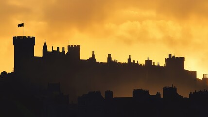 Obraz premium Silhouette of historic castle against golden sky at sunset