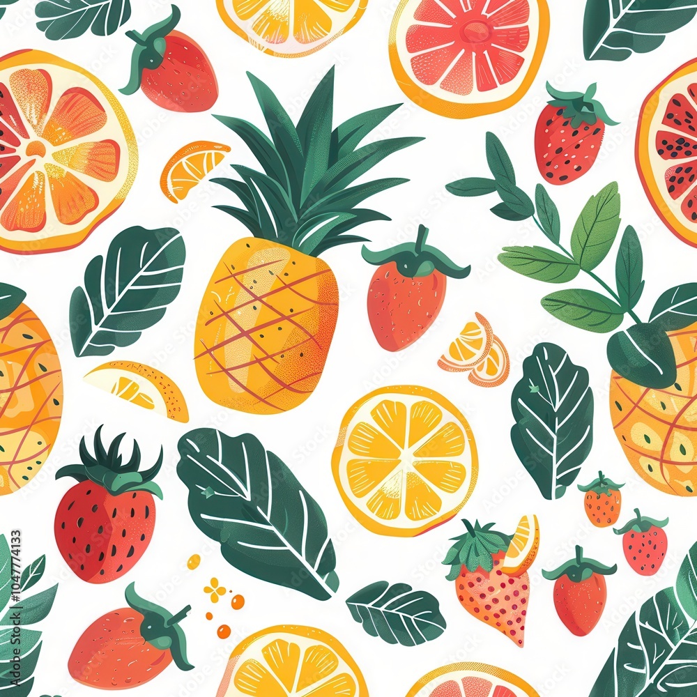 Aufkleber This lively pattern features an array of colorful fruits including pineapples, strawberries, and citrus alongside leafy greens. Generative AI