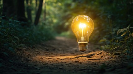Glowing light bulb hovering over forest path at dusk