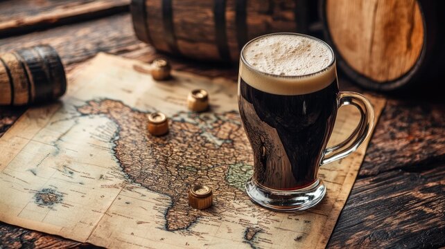 Dark beer in glass mug on vintage map with barrels background