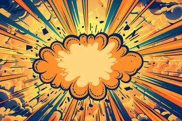 A vibrant explosion illustration with orange and yellow hues, radiating dynamic rays against a striking blue sky backdrop.