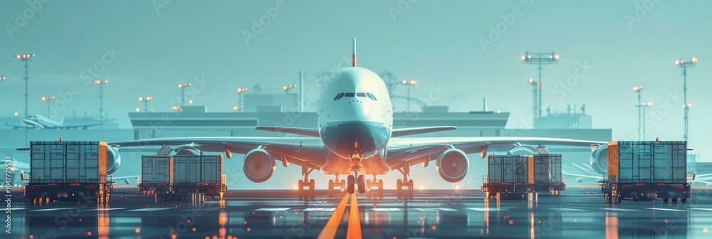 Poster a cargo airplane stands ready on the runway, surrounded by unloading equipment and containers, showc