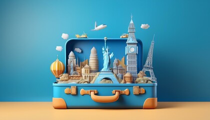 blue suitcase full of landmarks and travel accessory on blue background 3d rendering 3d illustration