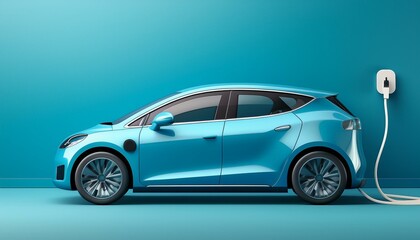 Fototapeta premium blue electric car connected to charger on blue background with copy space 3d rendering 3d illustration