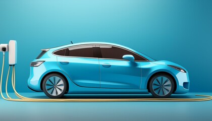 Obraz premium blue electric car connected to charger on blue background with copy space 3d rendering 3d illustration