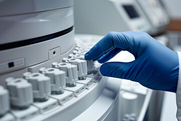 A healthcare professional with gloved hand adjusts the settings on a modern laboratory machine, showcasing precision in medical testing.