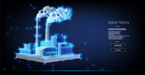 Digital factory model showcasing futuristic architecture and manufacturing processes in a vibrant virtual landscape.