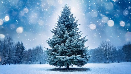 christmas tree without decorations outdoor in park with bokeh beautiful blue spruce snow fall