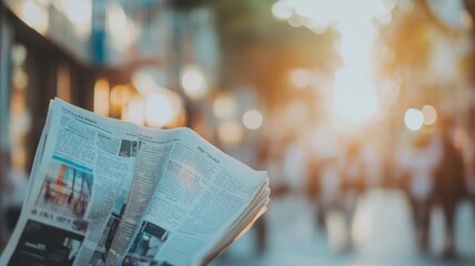 Person reading newspaper on city street with blurred background