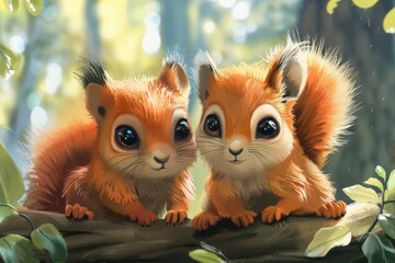 Adorable cartoon-style illustration of two baby squirrels sitting together on a log, smiling.