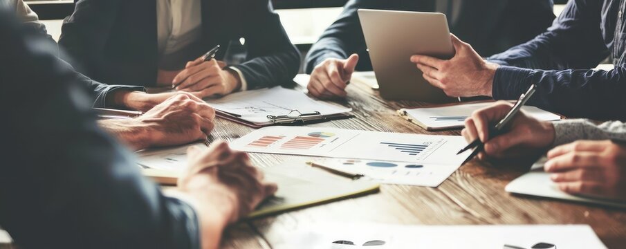 A team of sales professionals strategizing in a meeting, focused on their targets.